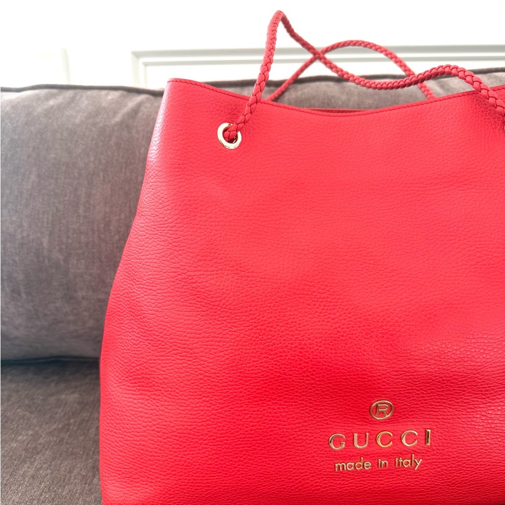 Authentic Gucci Gifford Tote Bag coral red leather large size braided handles - Picture 16 of 16